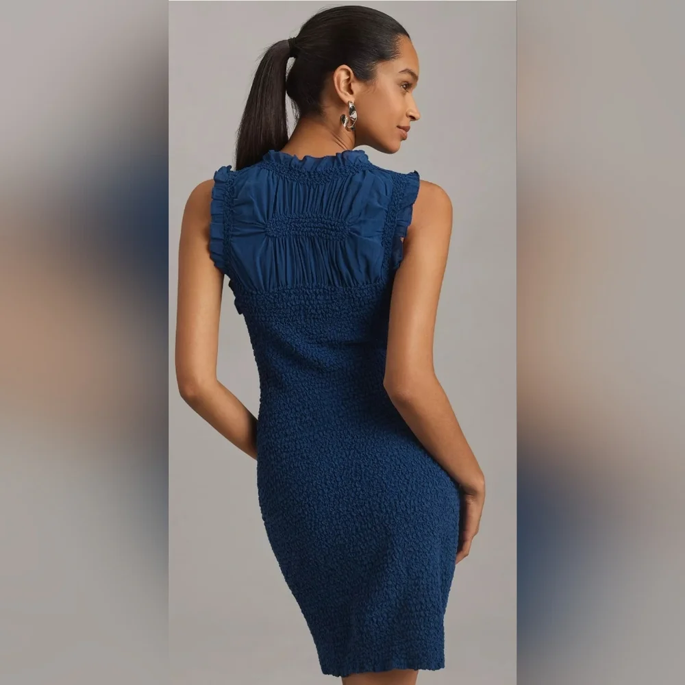 Anthropologie Ruffle Trim Textured Mini Dress in Navy Blue